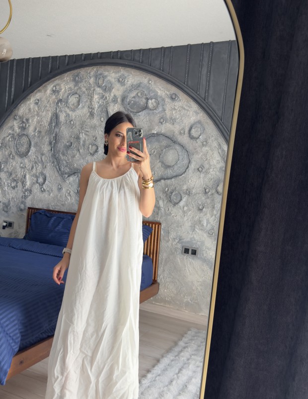 Pervin Çelik Premium Kalite Beyaz Astarlı İp Askılı Elbise……