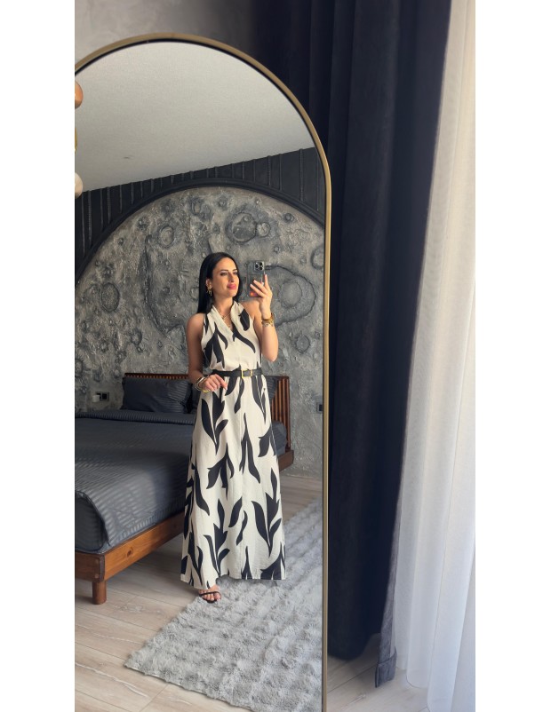 Premium Kalite Siyah Vizon Desenli Halter Yaka Elbise