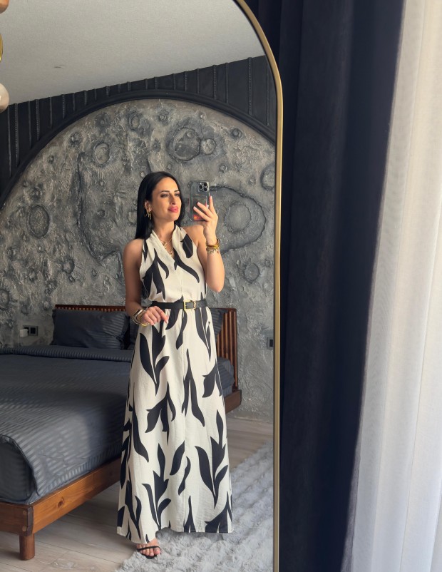 Premium Kalite Siyah Vizon Desenli Halter Yaka Elbise