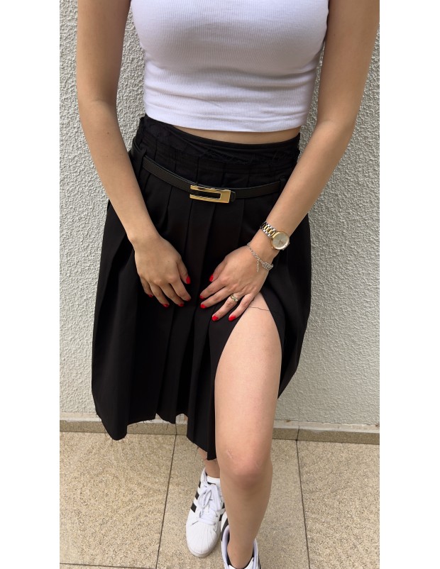 Pervin Çelik Kadın Premium Kalite Siyah Pileli  Yırtmaç Detaylı Tarz Etek