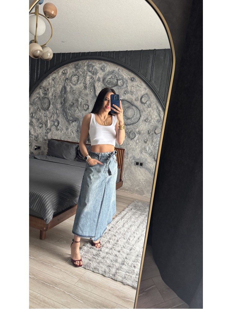 Pervin Çelik Kadın Premium Kalite Mavi Kemer Detaylı Tasarım Jean Etek