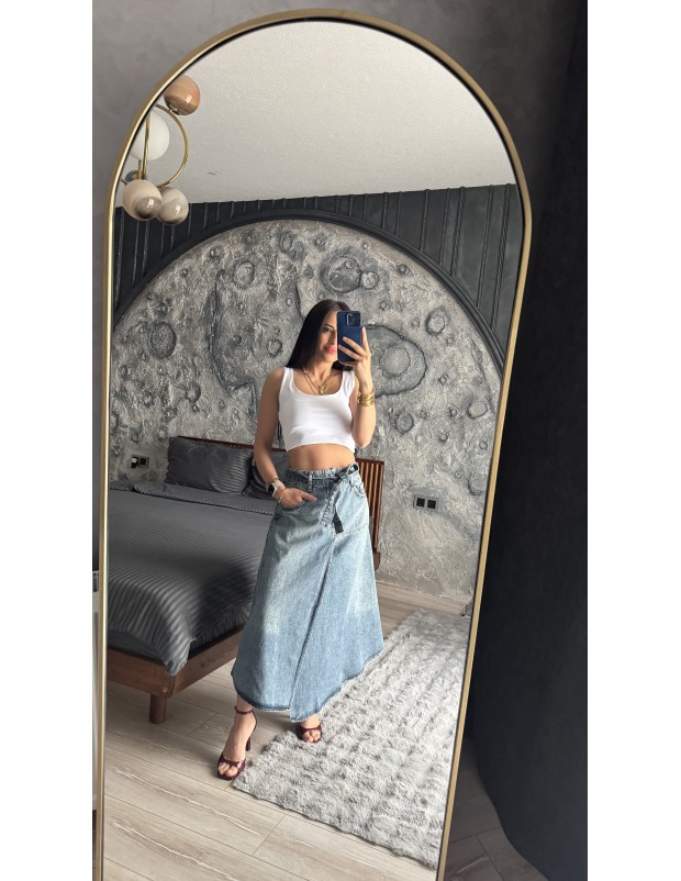 Pervin Çelik Kadın Premium Kalite Mavi Kemer Detaylı Tasarım Jean Etek