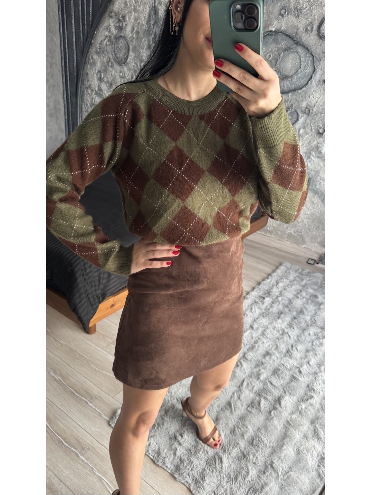 Pervin Çelik Kadın Kahverengi Beli Lastikli Mini Etek