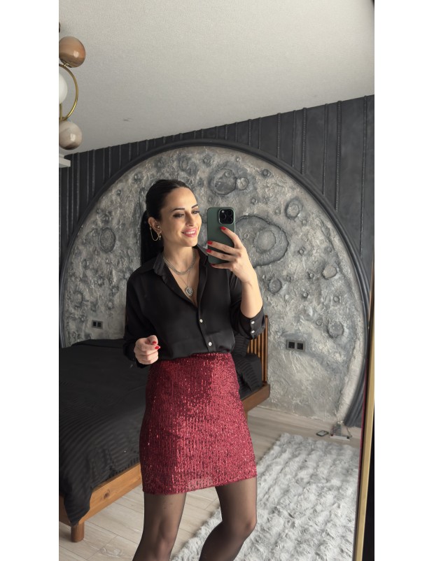 Pervin Çelik Kadın Bordo Payetli Mini Etek