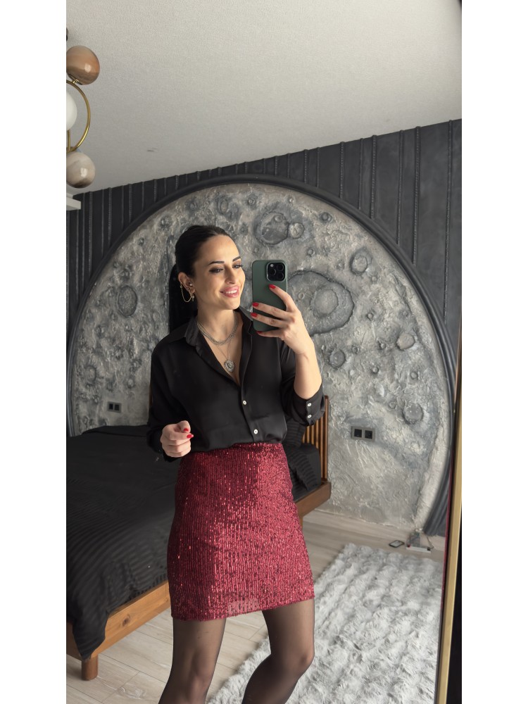 Pervin Çelik Kadın Bordo Payetli Mini Etek