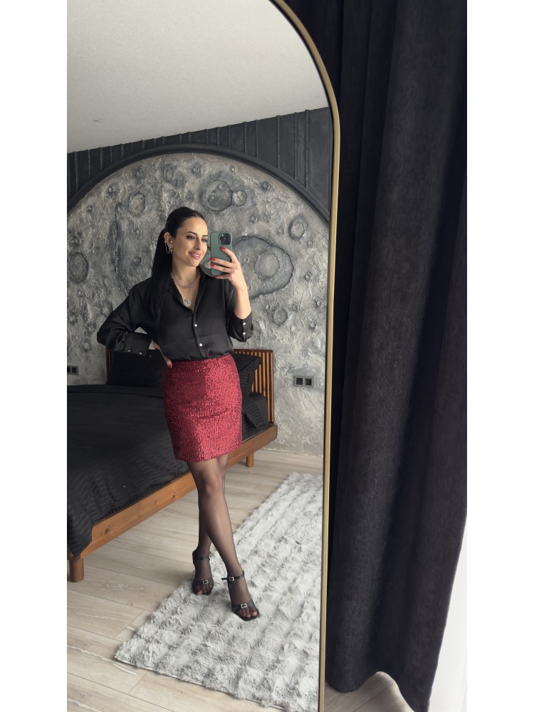 Pervin Çelik Kadın Bordo Payetli Mini Etek
