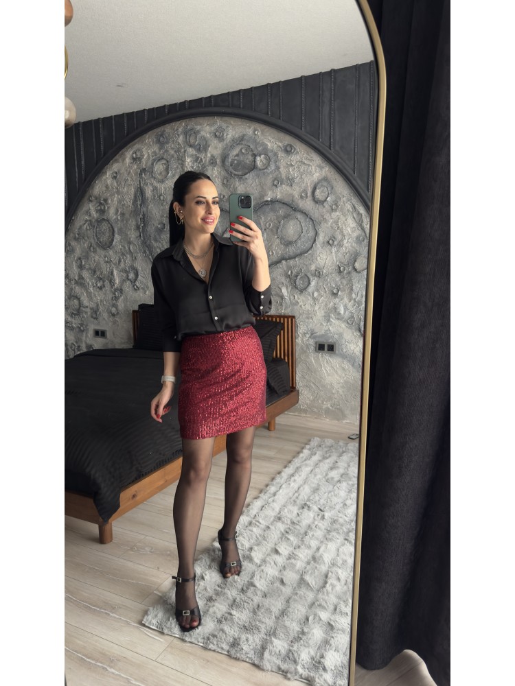 Pervin Çelik Kadın Bordo Payetli Mini Etek
