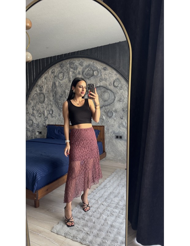 Pervin Çelik Premium Kalite Bordo Dantel Astarlı Etek