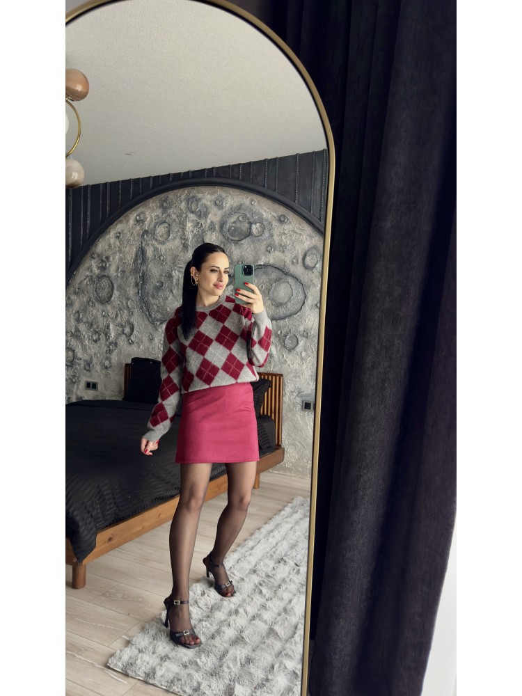 Pervin Çelik Kadın Süet Bordo Beli Lastikli Mini Etek