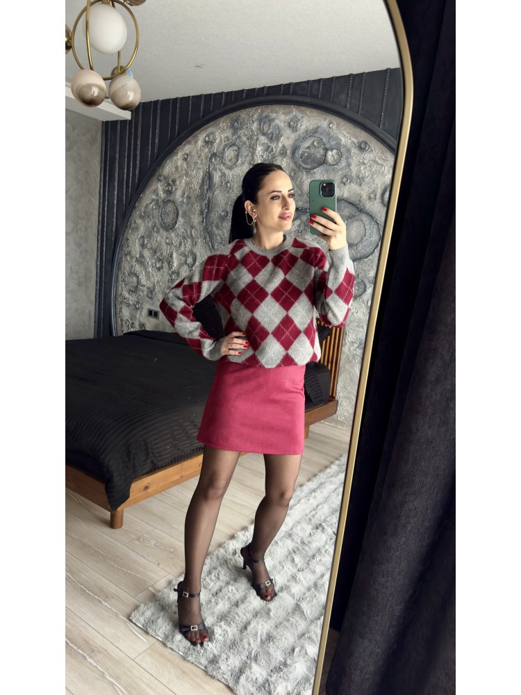 Pervin Çelik Kadın Süet Bordo Beli Lastikli Mini Etek
