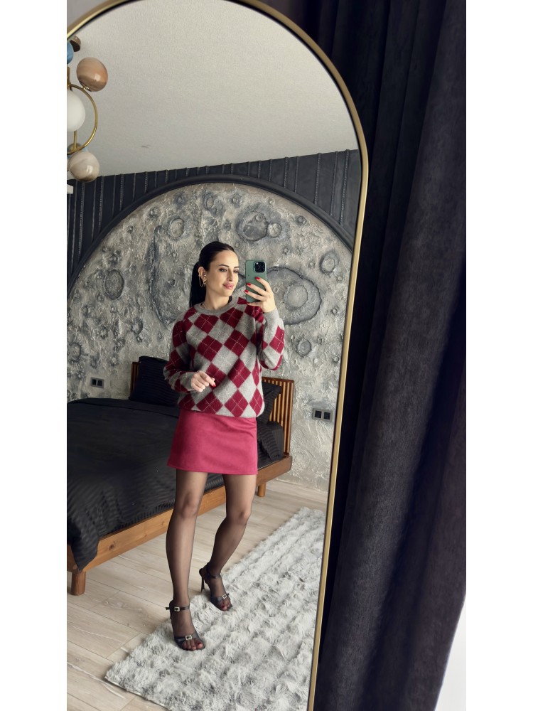 Pervin Çelik Kadın Süet Bordo Beli Lastikli Mini Etek