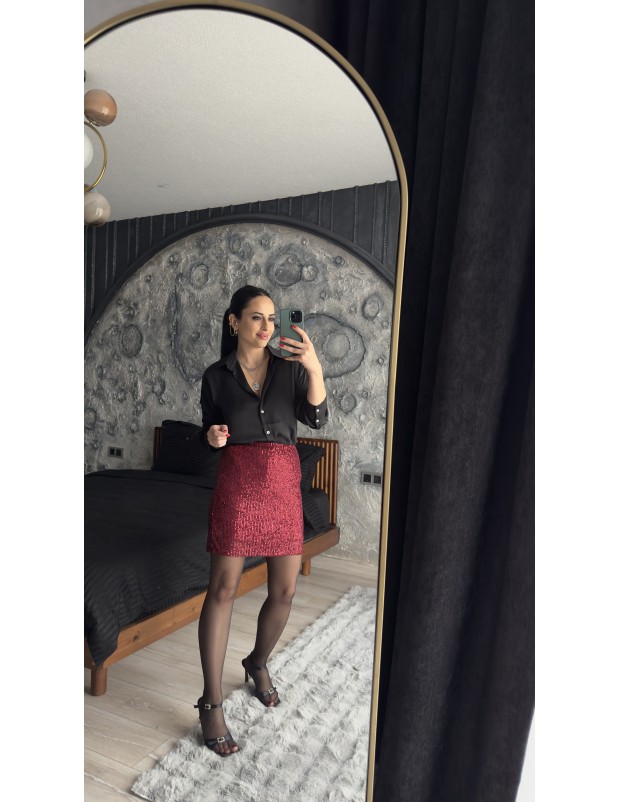 Pervin Çelik Kadın Bordo Payetli Mini Etek