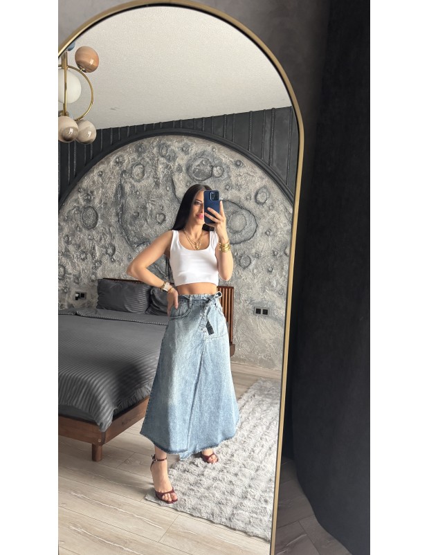 Pervin Çelik Kadın Premium Kalite Mavi Kemer Detaylı Tasarım Jean Etek