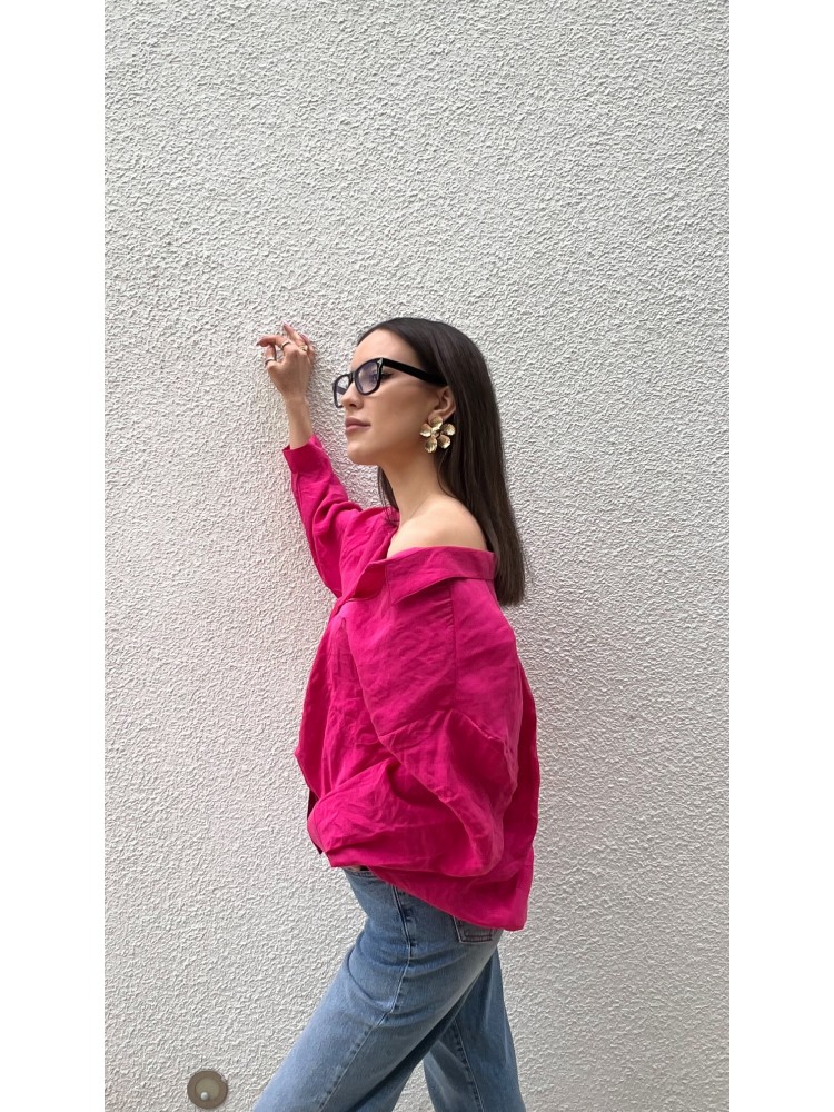 Pervin Çelik Kadın Premium Kalite Açık Yaka Fuşya Oversize Gömlek
