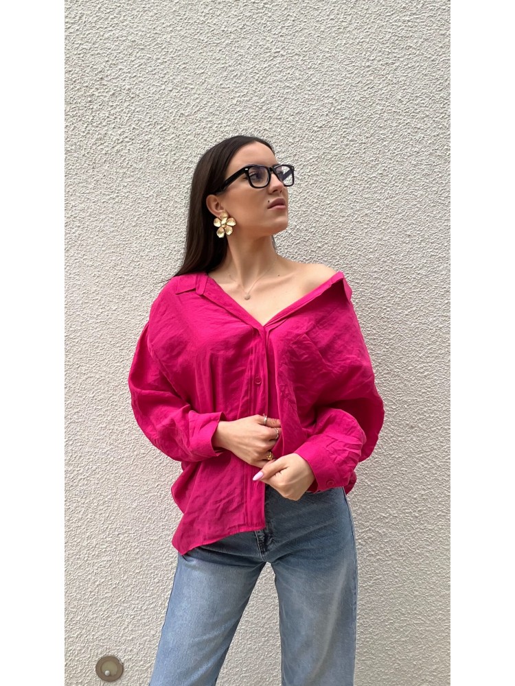 Pervin Çelik Kadın Premium Kalite Açık Yaka Fuşya Oversize Gömlek