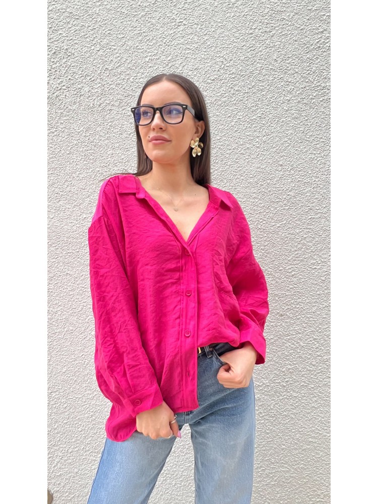 Pervin Çelik Kadın Premium Kalite Açık Yaka Fuşya Oversize Gömlek