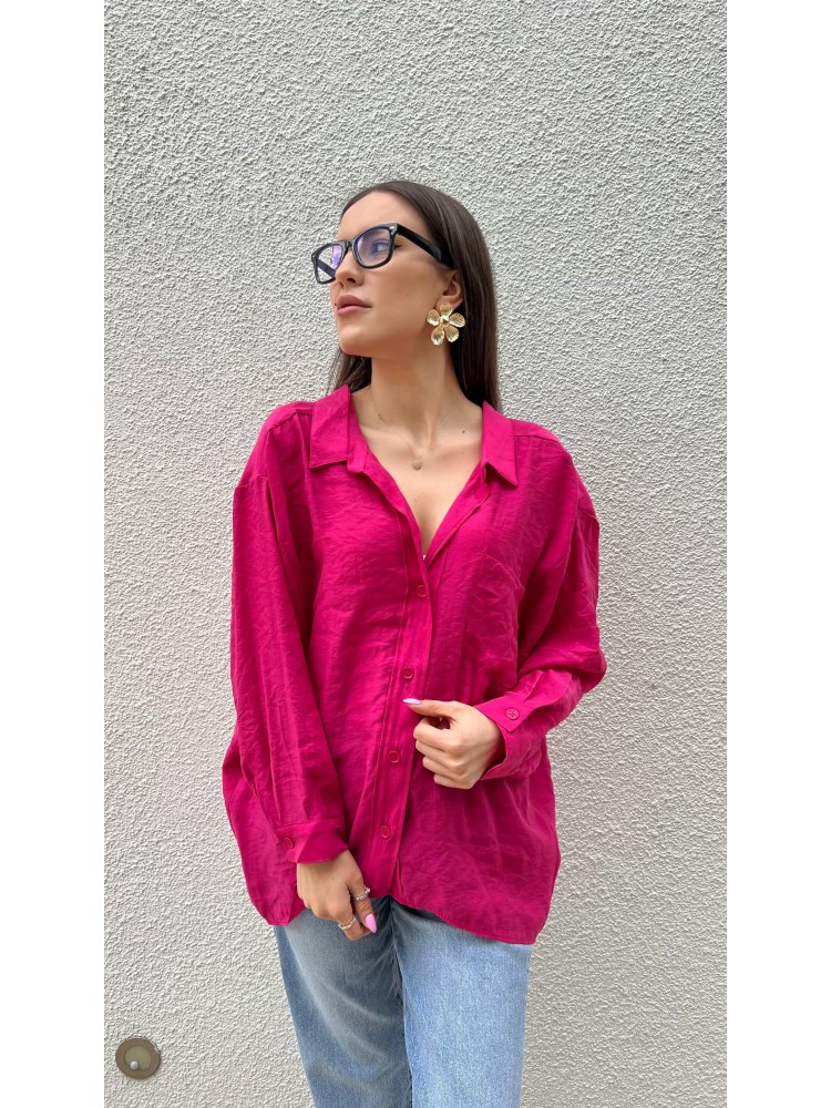 Pervin Çelik Kadın Premium Kalite Açık Yaka Fuşya Oversize Gömlek