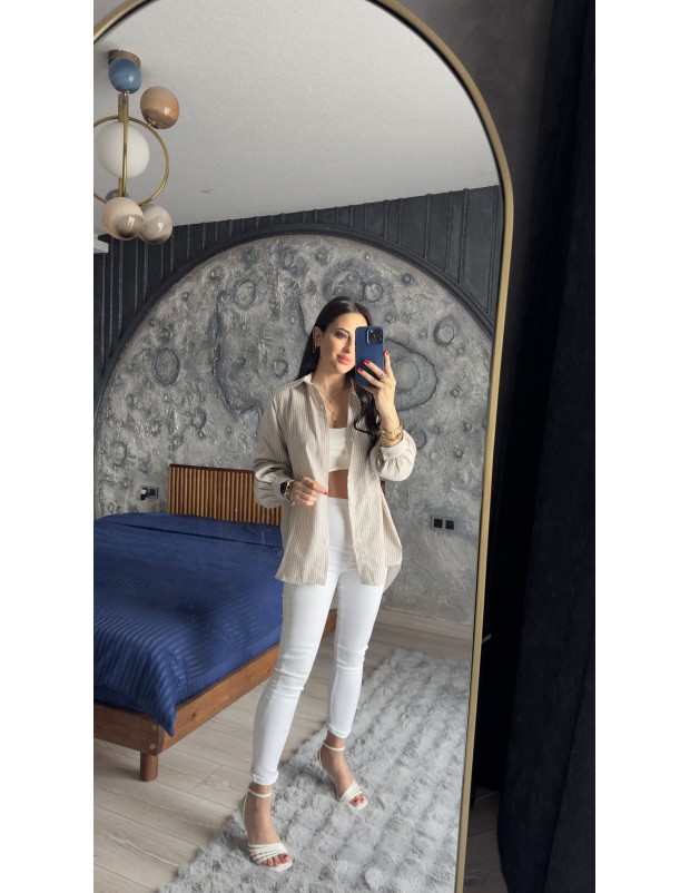 Pervin Çelik Kadın Premium Kalite Vizon Beyaz Çizgili Yumuşak Dokulu Gömlek