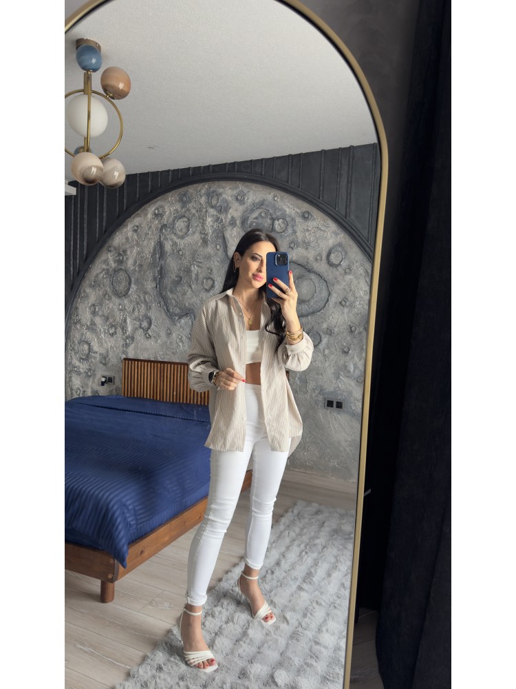 Pervin Çelik Kadın Premium Kalite Vizon Beyaz Çizgili Yumuşak Dokulu Gömlek