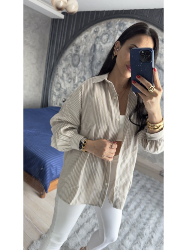 Pervin Çelik Kadın Premium Kalite Vizon Beyaz Çizgili Yumuşak Dokulu Gömlek