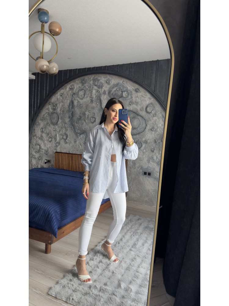 Pervin Çelik Kadın Premium Kalite Beyaz Mavi Çizgili Yumuşak Dokulu Gömlek
