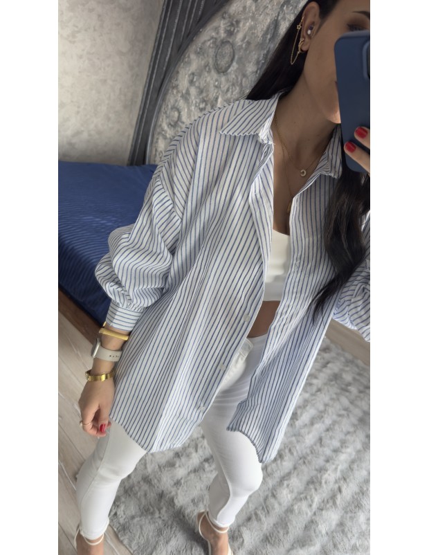 Pervin Çelik Kadın Premium Kalite Beyaz Mavi Çizgili Yumuşak Dokulu Gömlek