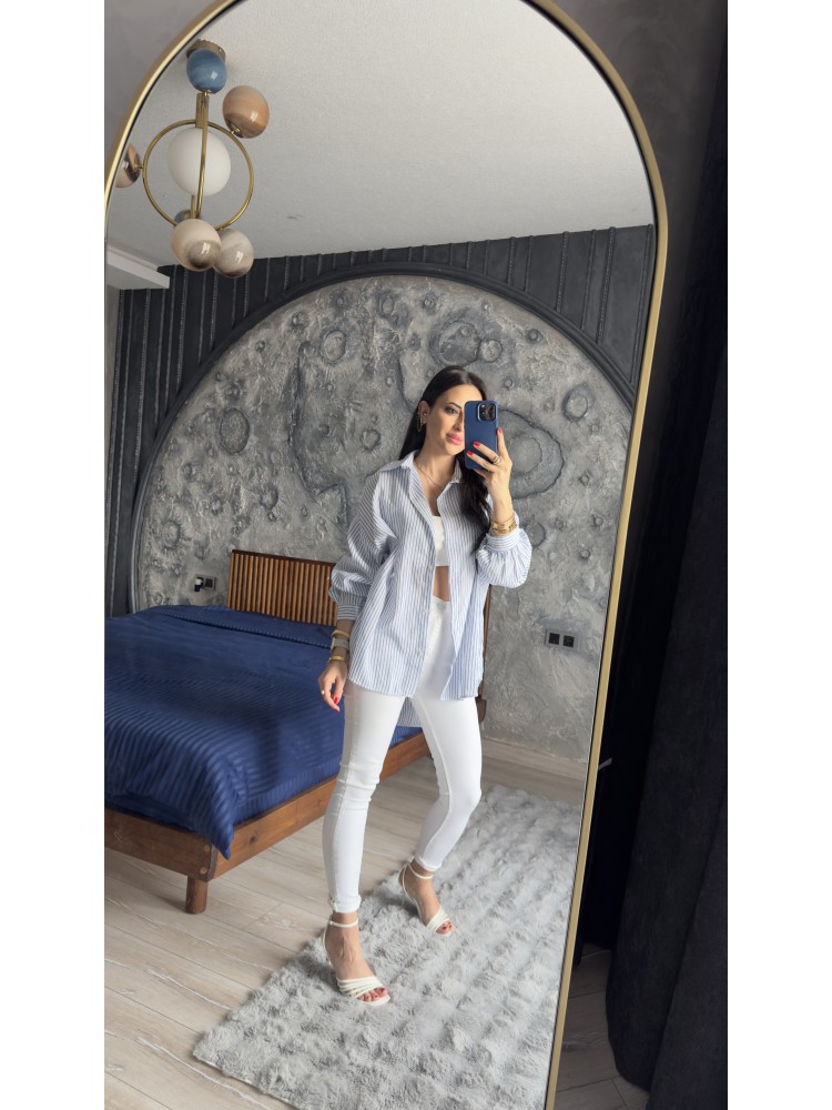 Pervin Çelik Kadın Premium Kalite Beyaz Mavi Çizgili Yumuşak Dokulu Gömlek