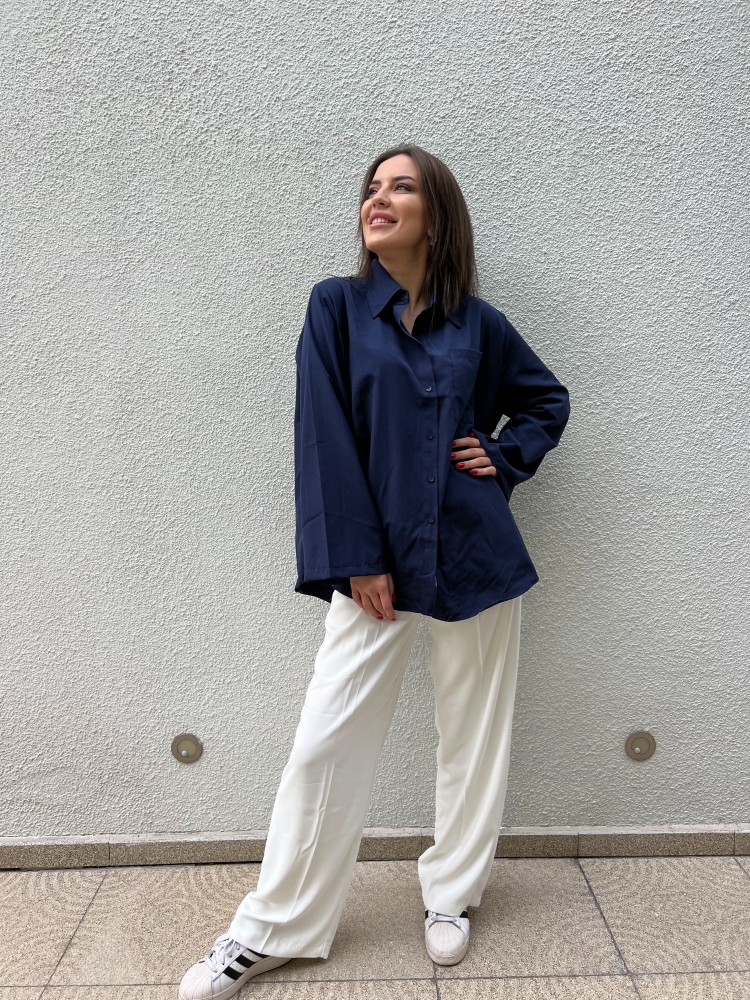 Lacivert Kol Detaylı Salaş Kalıp Tasarım Gömlek