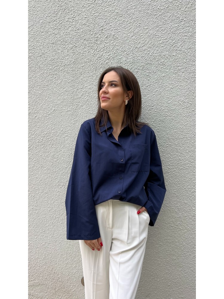 Lacivert Kol Detaylı Salaş Kalıp Tasarım Gömlek