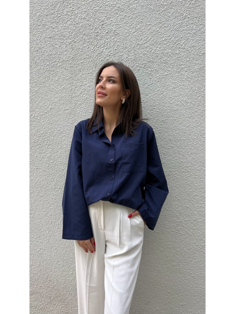 Lacivert Kol Detaylı Salaş Kalıp Tasarım Gömlek