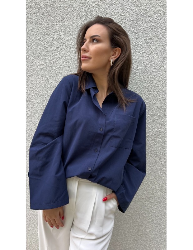 Lacivert Kol Detaylı Salaş Kalıp Tasarım Gömlek