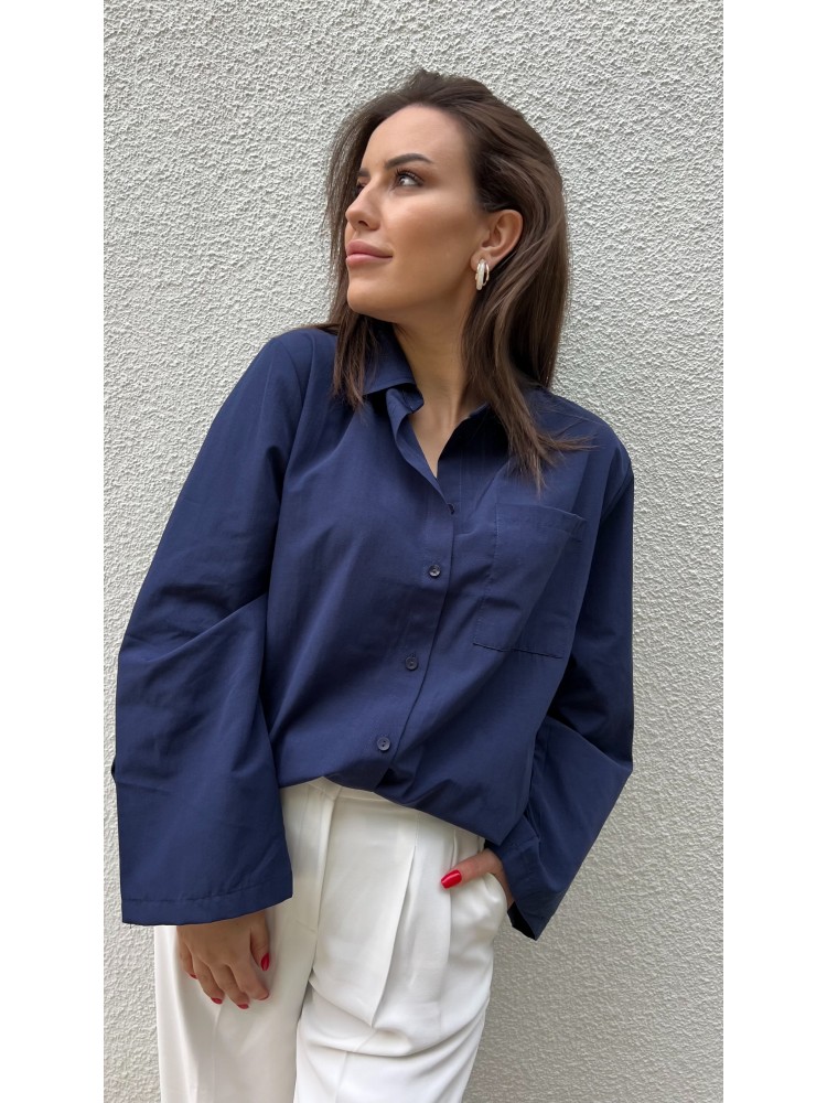 Lacivert Kol Detaylı Salaş Kalıp Tasarım Gömlek