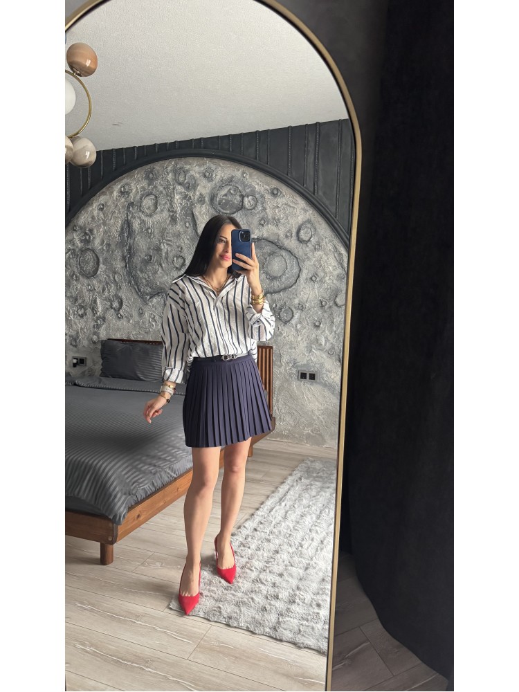 Pervin Çelik Kadın Premium Kalite Lacivert Beyaz Çizgili Oversize Gömlek