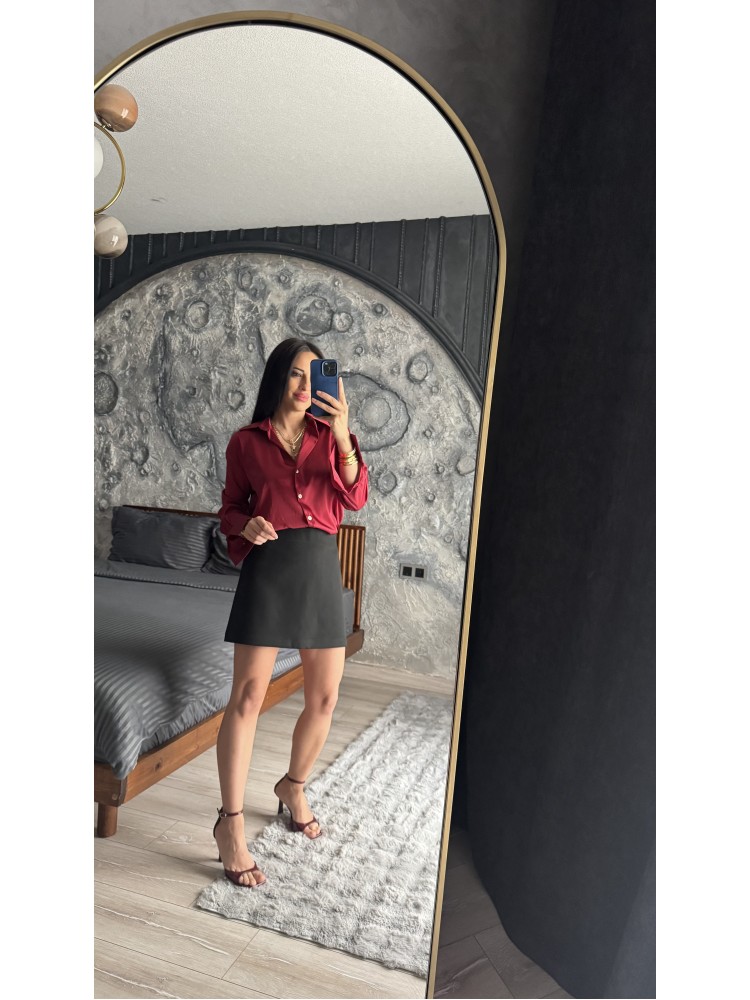 Pervin Çelik Kadın Premium Kalite Bordo Açık Yaka Saten Gömlek