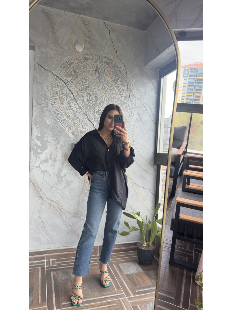 Premium Kalite Açık Yaka Siyah Oversize Gömlek