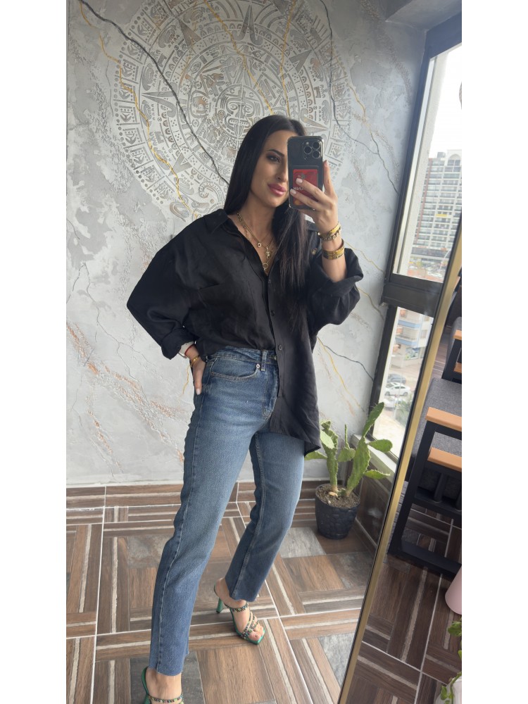 Premium Kalite Açık Yaka Siyah Oversize Gömlek