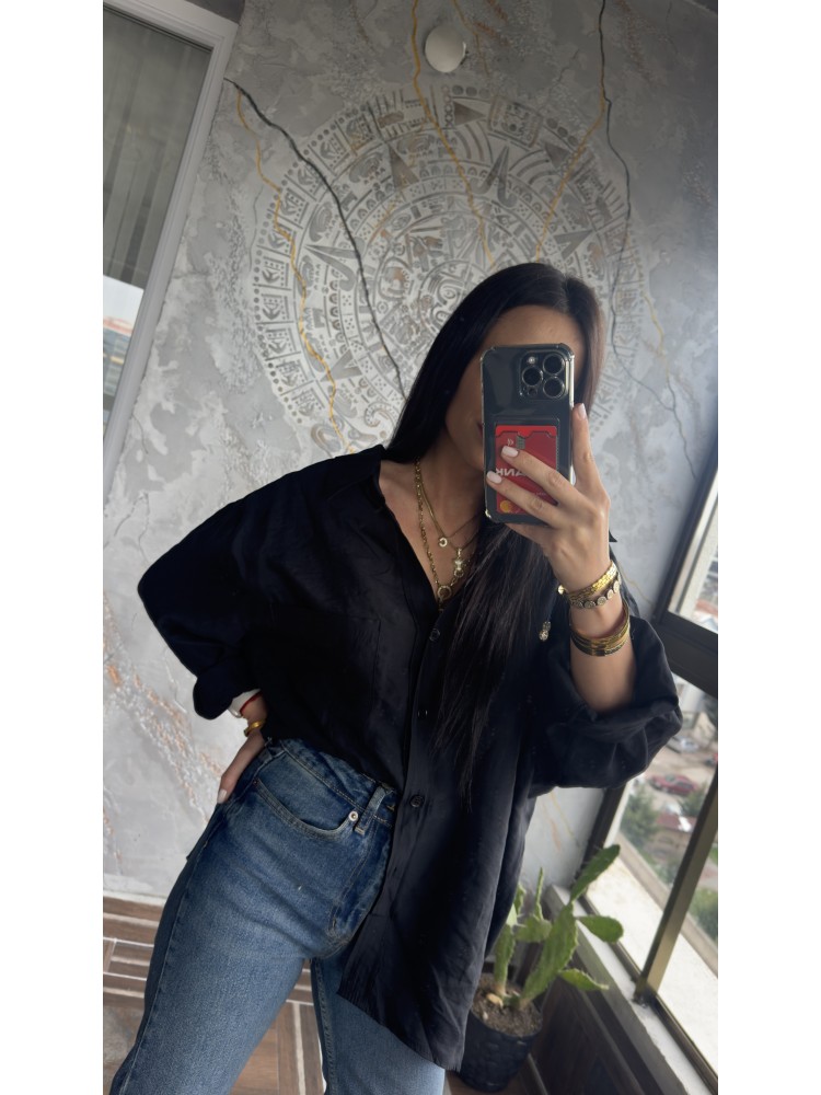 Premium Kalite Açık Yaka Siyah Oversize Gömlek