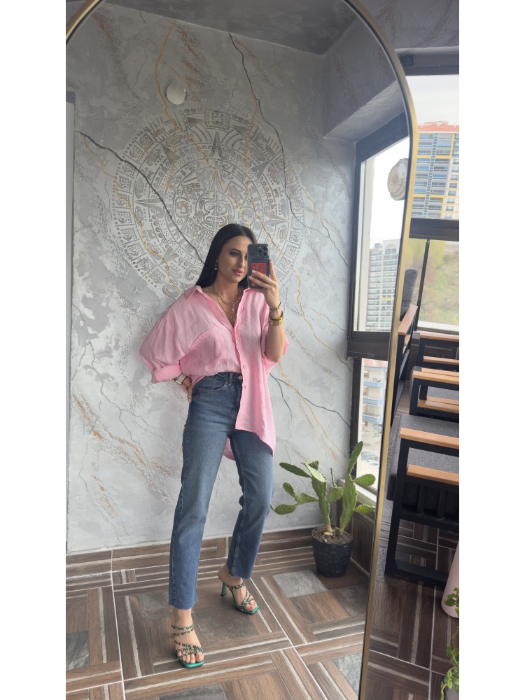 Pervin Çelik Kadın Premium Kalite Açık Yaka Pembe Oversize Gömlek