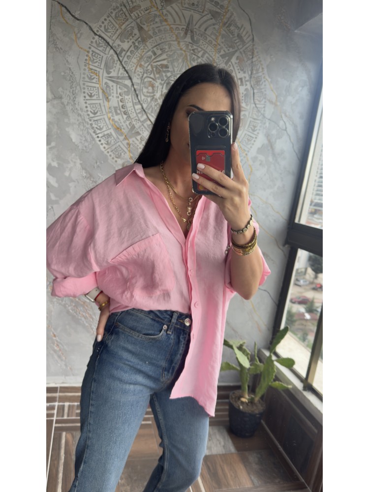 Pervin Çelik Kadın Premium Kalite Açık Yaka Pembe Oversize Gömlek