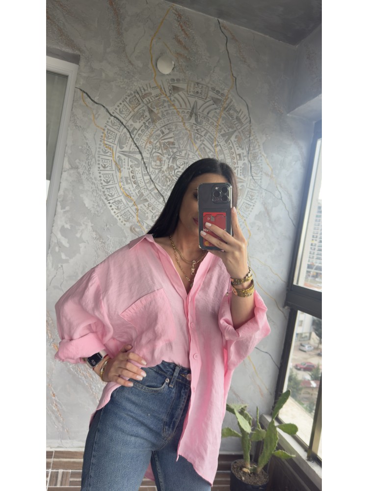 Pervin Çelik Kadın Premium Kalite Açık Yaka Pembe Oversize Gömlek
