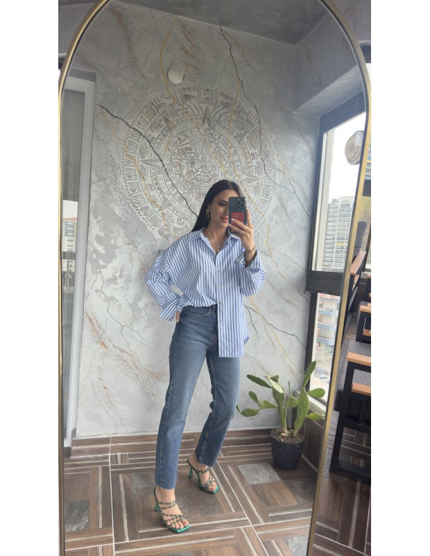 Pervin Çelik Kadın Premium Kalite Mavi Taşlı Çizgili Gömlek