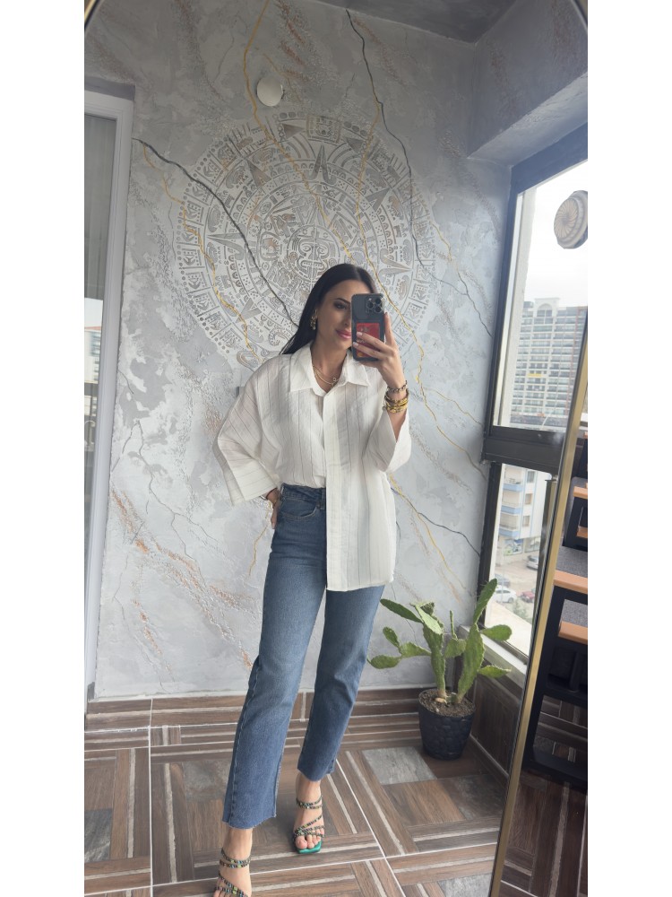Pervin Çelik Kadın Premium Kalite Beyaz Çizgili Oversize Yarasa Kol Gömlek