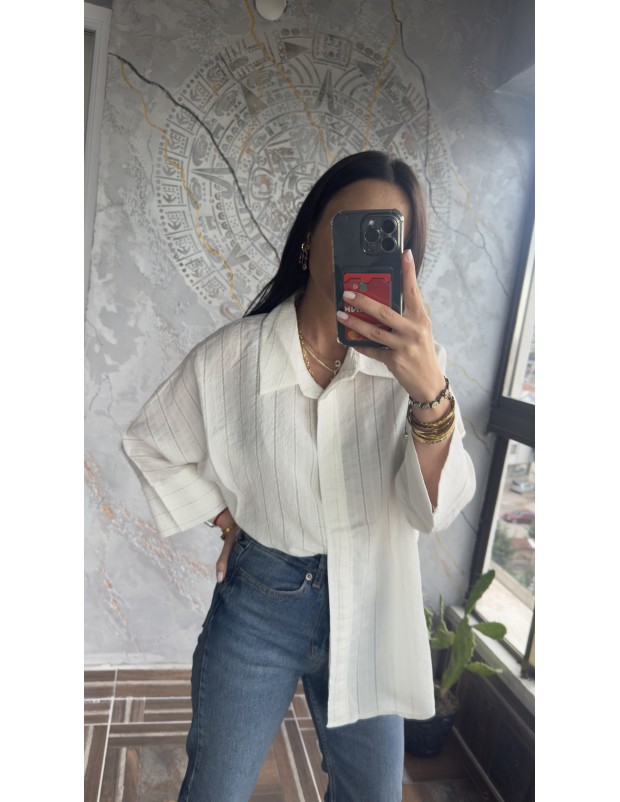 Pervin Çelik Kadın Premium Kalite Beyaz Çizgili Oversize Yarasa Kol Gömlek