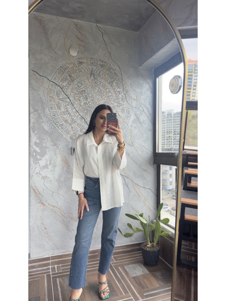 Pervin Çelik Kadın Premium Kalite Beyaz Çizgili Oversize Yarasa Kol Gömlek