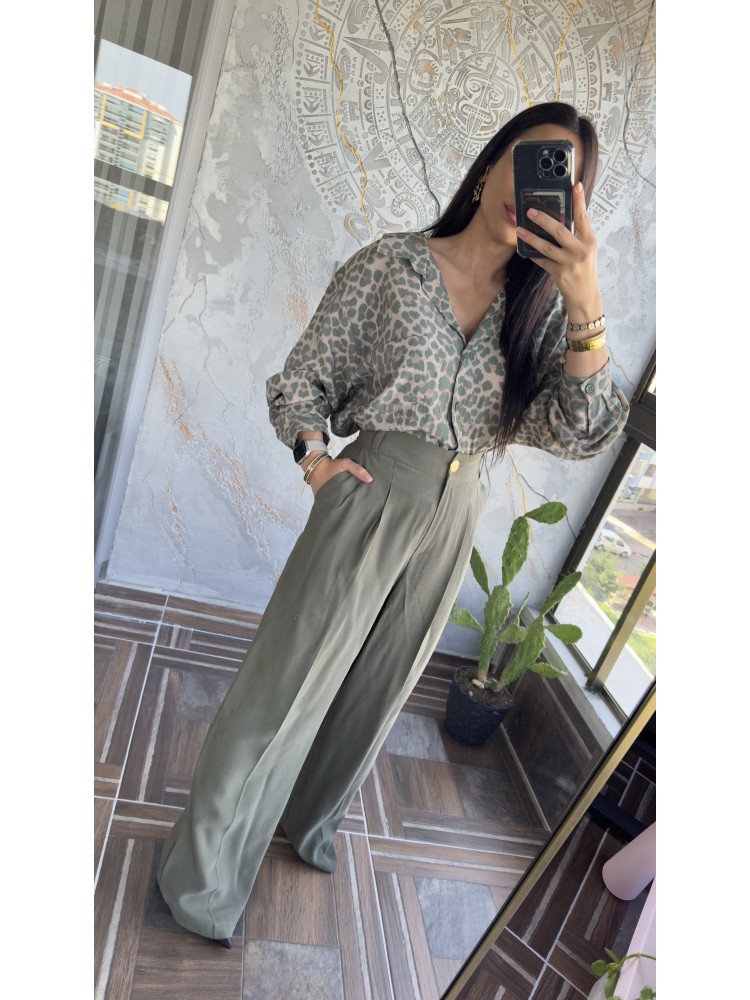 Premium Kalite Açık Yaka Yeşil Leopar Oversize Gömlek