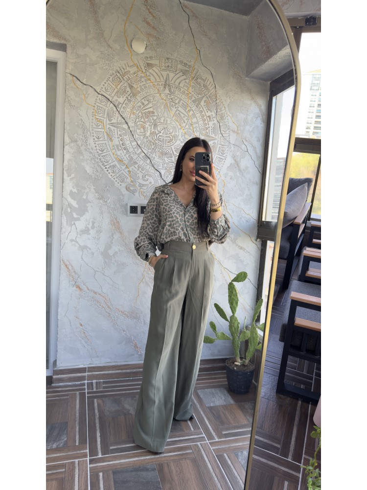 Premium Kalite Açık Yaka Yeşil Leopar Oversize Gömlek