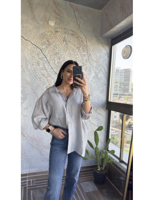Premium Kalite Açık Yaka Gri Oversize Gömlek