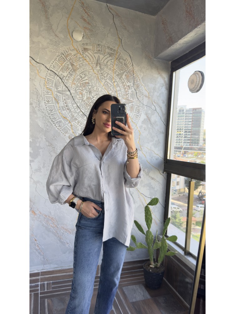 Premium Kalite Açık Yaka Gri Oversize Gömlek