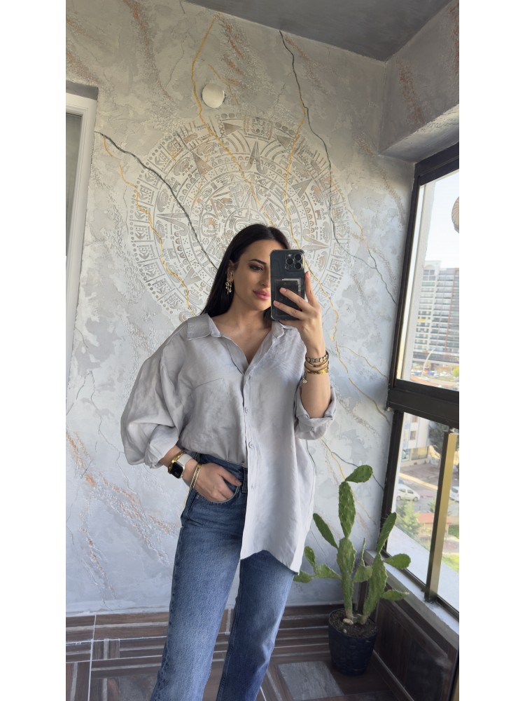 Premium Kalite Açık Yaka Gri Oversize Gömlek