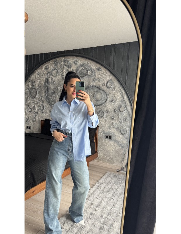 Pervin Çelik Kadın Premium Kalite Mavi Taş Detaylı Poplin Gömlek